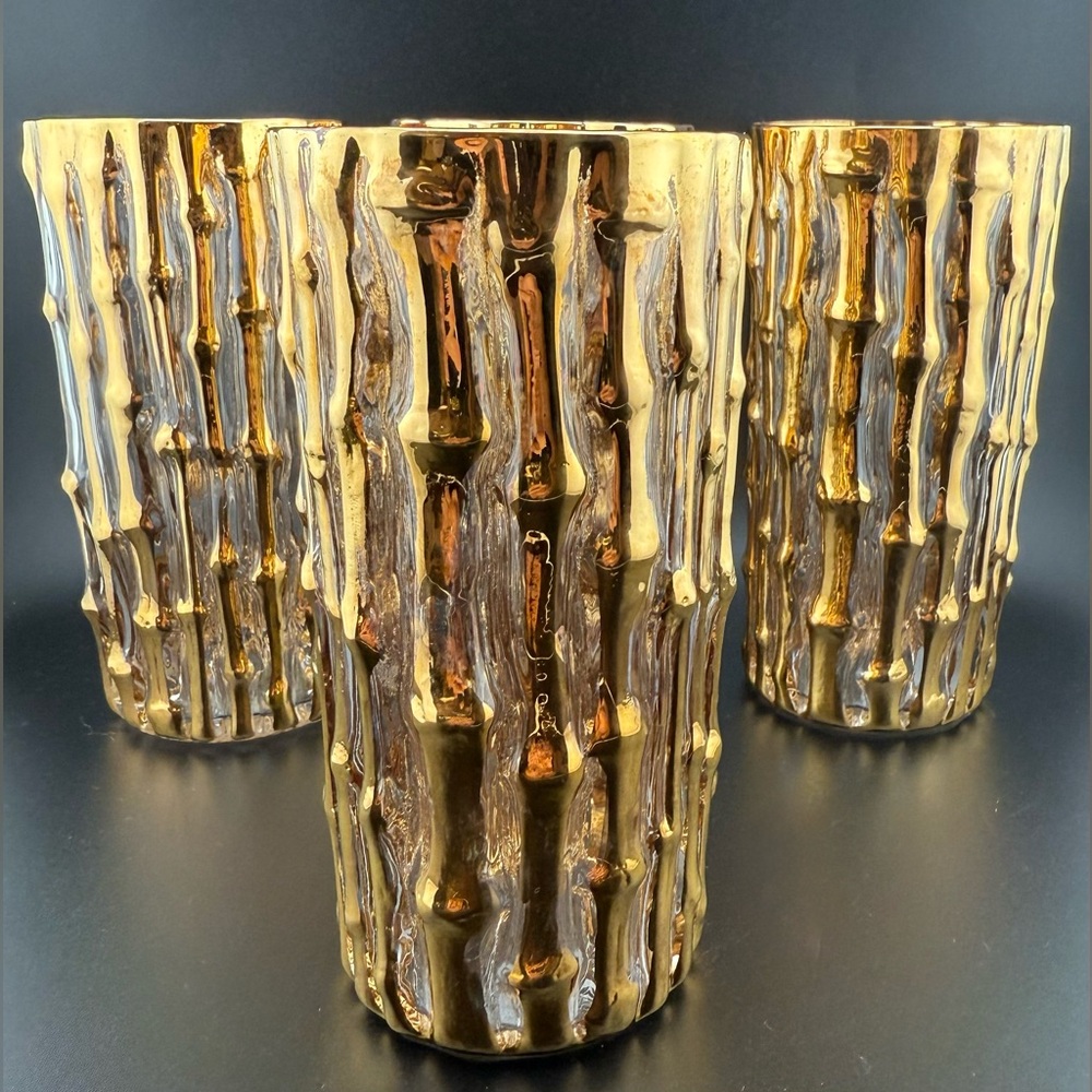 4 Imperial Glass. “Bambu Gold” 14oz raised 24kt gold. Highball - Picture 2 of 15